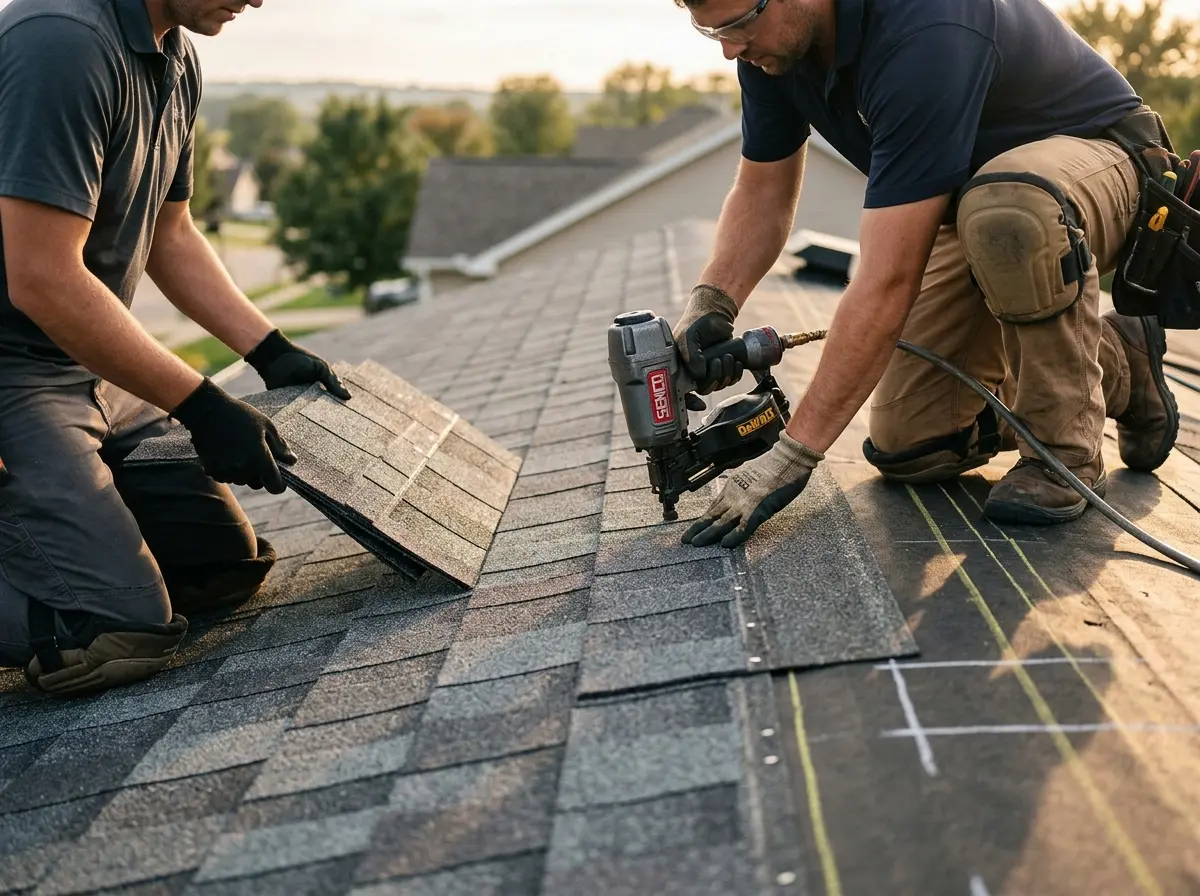 Professional roofer working on a residential roof in Zanesville